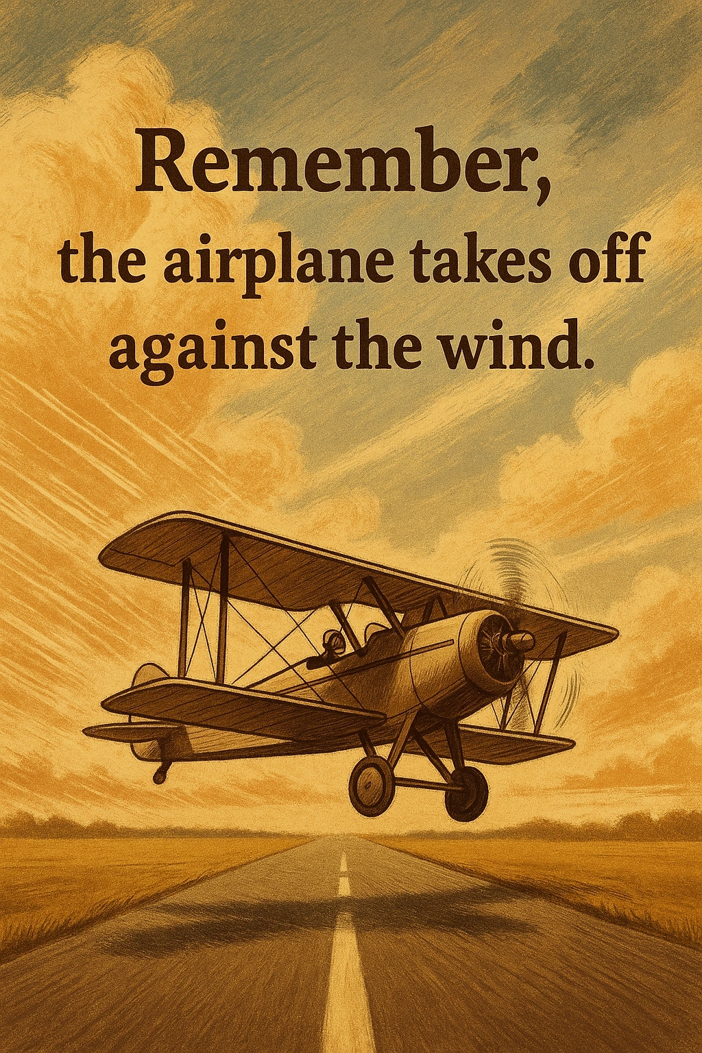 Remember, the airplane takes off against the wind